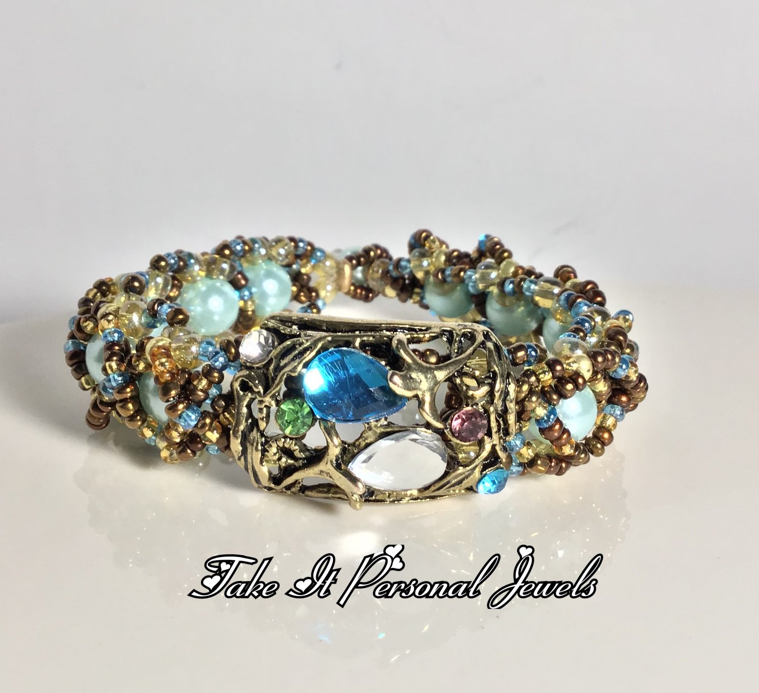 Gold/Blue Tear Drop Rhinestone Bracelet Vintage style Handmade