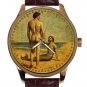 MERMAN ON BEACH GAY HOMOEROTIC VINTAGE LITHOGRAPH ART COLLECTIBLE WRIST WATCH