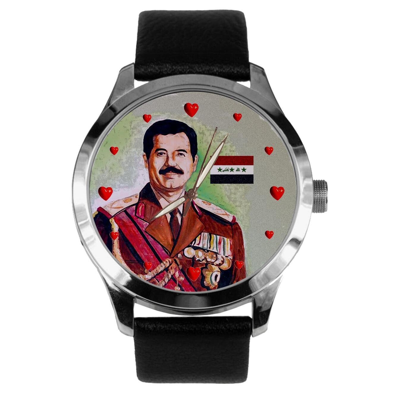 WHY WAS SADDAM HUSSEIN SO LOVED? VINTAGE IRAQI FLAG ART SOLID BRASS WRIST WATCH