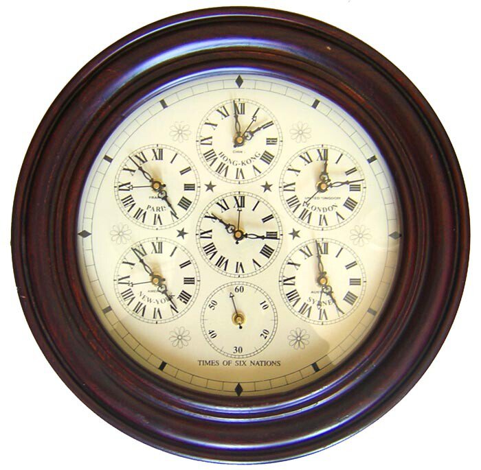 SIX NATIONS CLOCK. WORLD TIME LARGE 18-INCH 7-DIAL MAHOGANY GALLERY WALL CLOCK