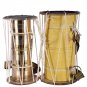 CARNATIC PAMBAI PERCUSSION DRUMS, PAIR IN BRASS AND JACKWOOD, WITH BEATERS ETC