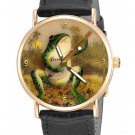 COOL FROG WITH BANJO VINTAGE PARCHMENT ART SOLID BRASS COLLECTIBLE WRIST WATCH