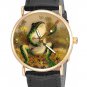 COOL FROG WITH BANJO VINTAGE PARCHMENT ART SOLID BRASS COLLECTIBLE WRIST WATCH