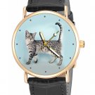 BEAUTIFUL EGYPTIAN MAU CAT PORTRAIT ART SOLID BRASS 40 mm WRIST WATCH w GIFT BOX