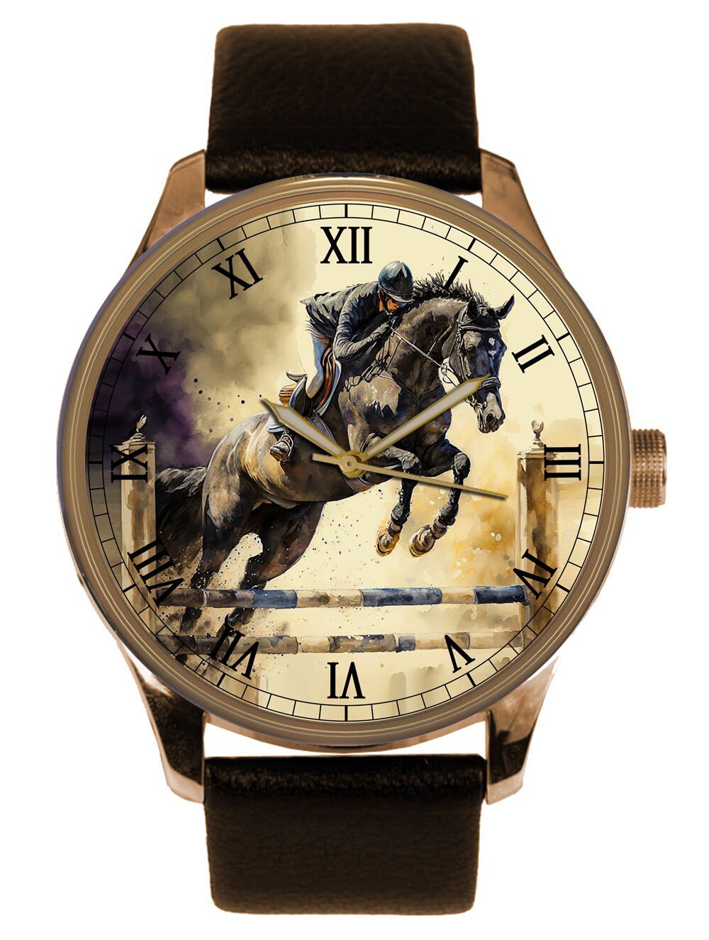 SHOW JUMPING EQUESTRIAN HORSE LOVER WATERCOLOR ART SOLID BRASS MEN'S WATCH