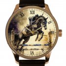 SHOW JUMPING EQUESTRIAN HORSE LOVER WATERCOLOR ART SOLID BRASS MEN'S WATCH