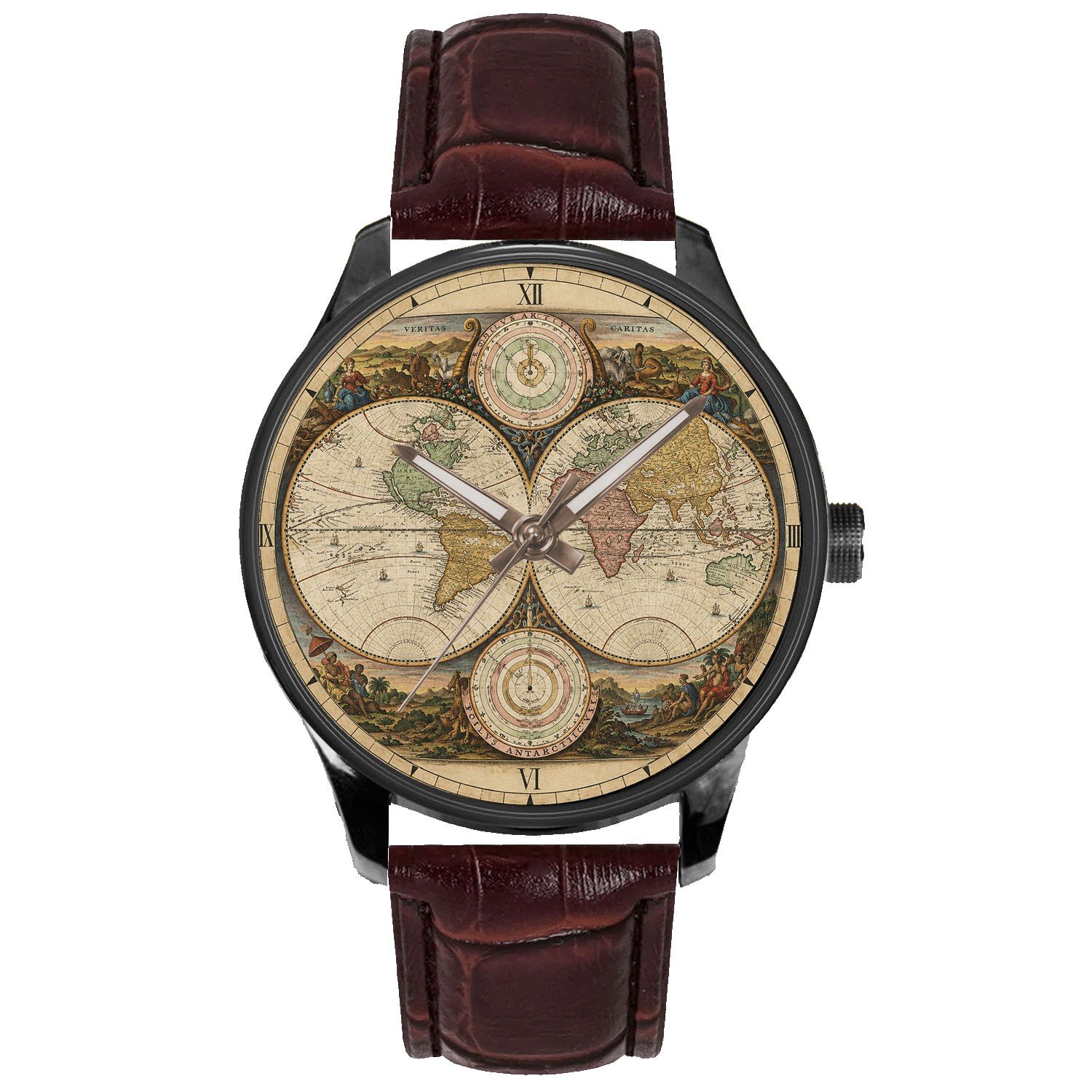 Ancient Stoopendaal World Map Parchment Art Solid Brass Cartographer Watch