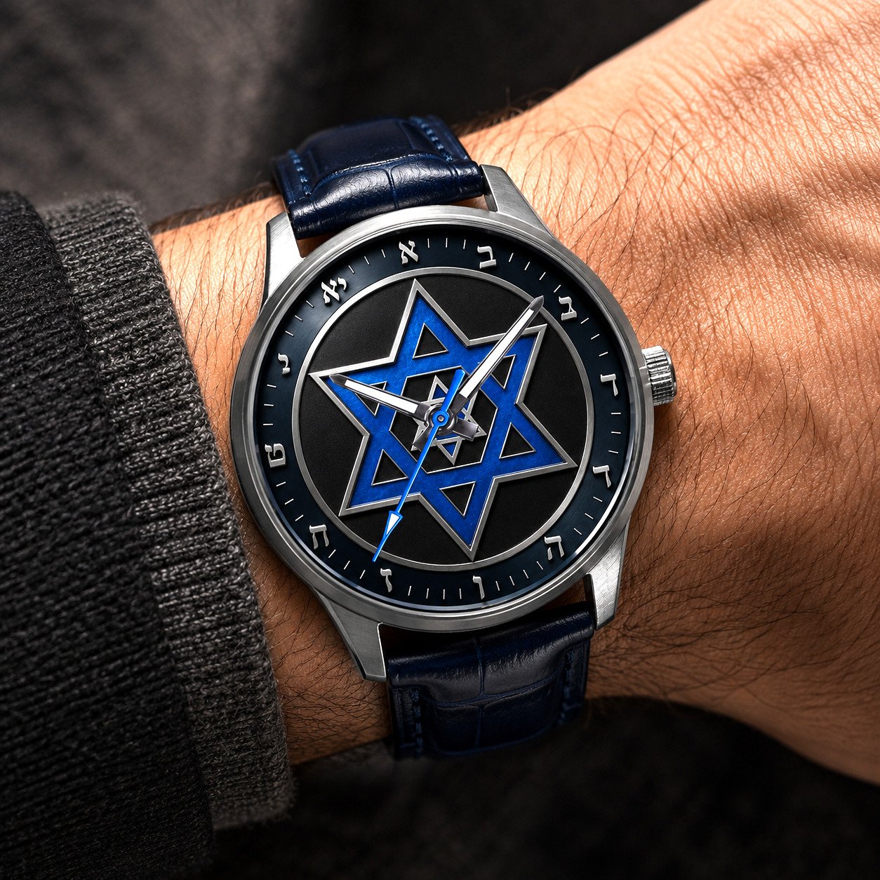 STAR OF DAVID HEBREW DIAL STUNNING METALLIC  BLUE TEKHELET DIAL JUDAISM WATCH