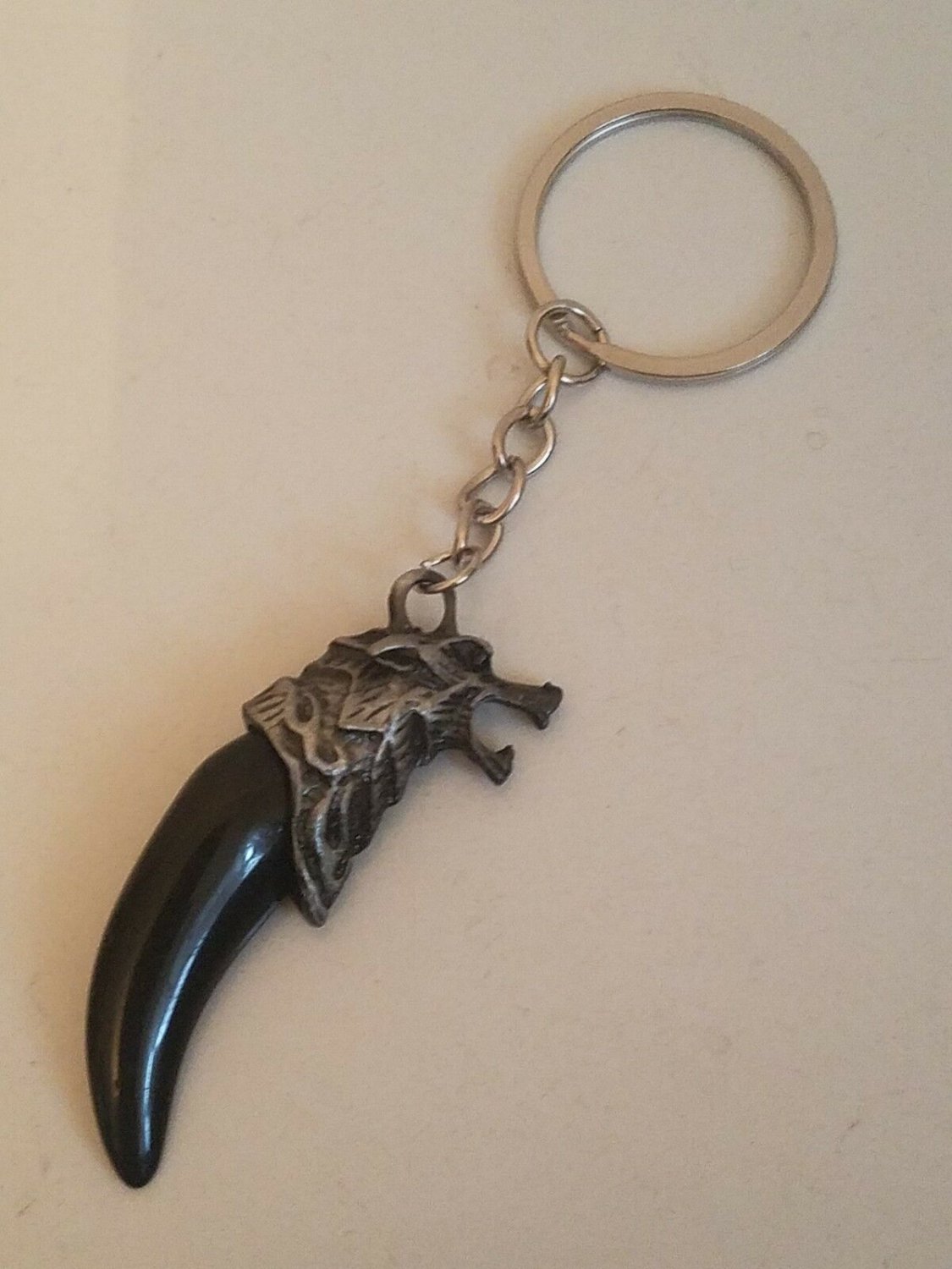 Wolf Tooth Keychain Keyring Silver Wolf Head on Black Yak Bone