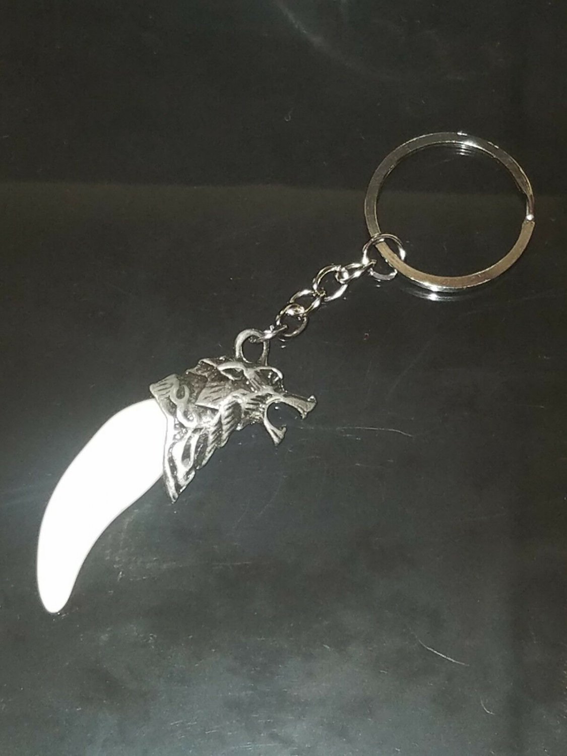 Wolf Tooth Keychain Keyring Silver Wolf Head on Yak Bone