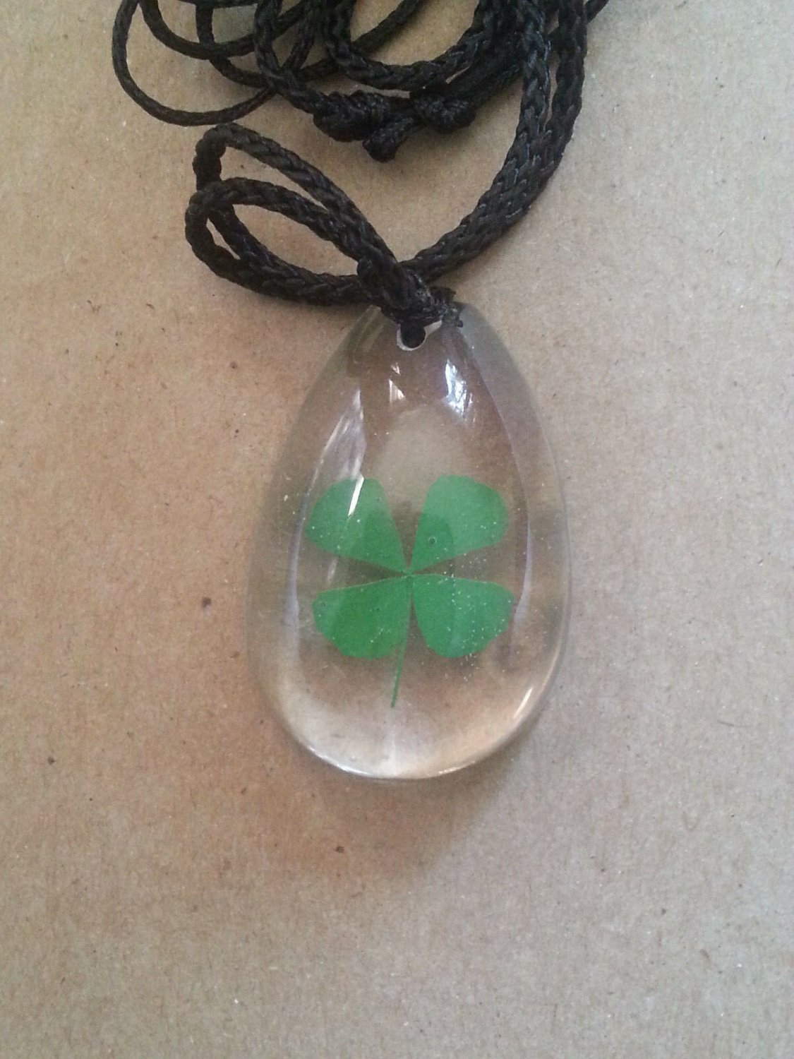REAL Four Leaf Clover Pendant Necklace 4 Leaf in Clear Drop Resin Shamrock Irish