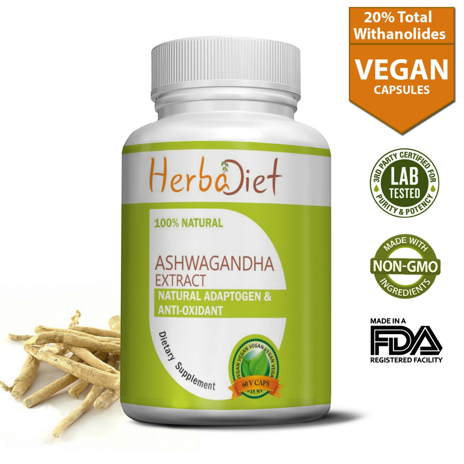 High Potency PURE Ashwagandha Root Extract 20% Withanolides Capsules Anti-Stress