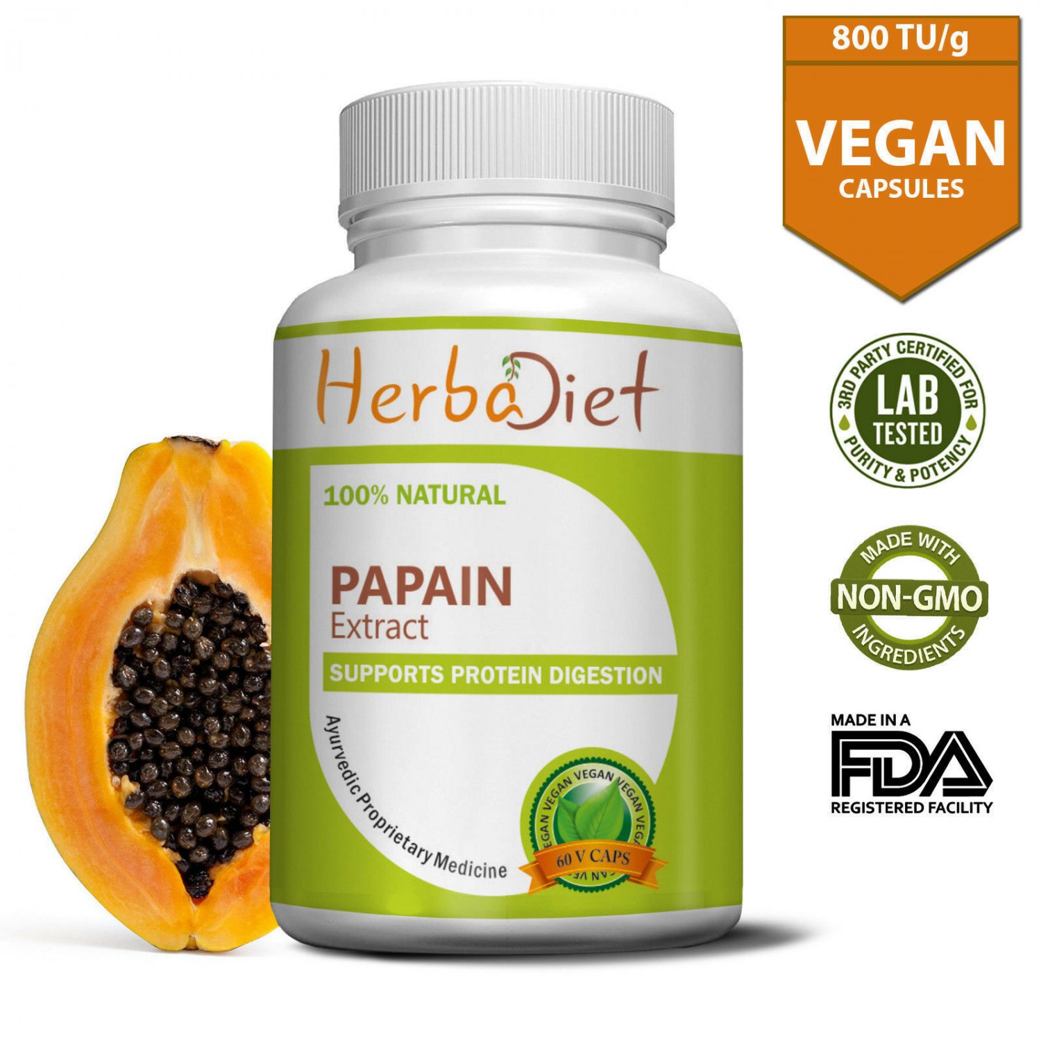 Powerful Digestive Enzyme Papain 800 TU Papaya Fruit Extract Veggie Capsules