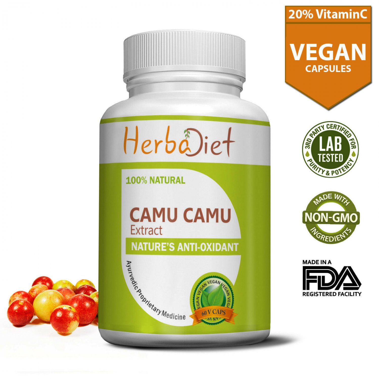 30 CAPSULES Camu Camu Fruit Extract Veg 500mg Capsules 20% Natural Vitamin C Antioxidant