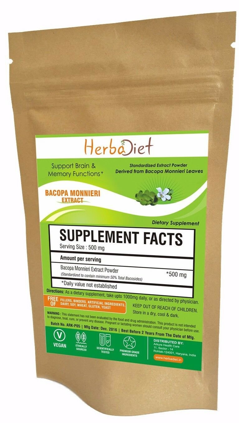 20 gm Bacopa Monnieri 50:1 Standardized Extract Powder 50% Bacosides For Memory Boost