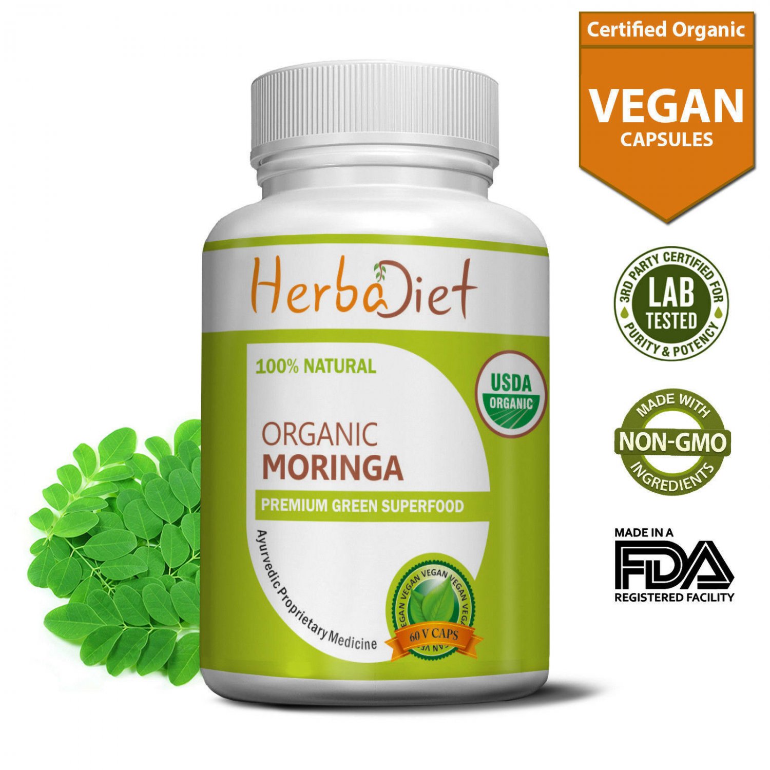 60 Capsules Organic Moringa Oleifera Leaf Powder Vegan Capsules Natural Vitamin SUPERFOOD