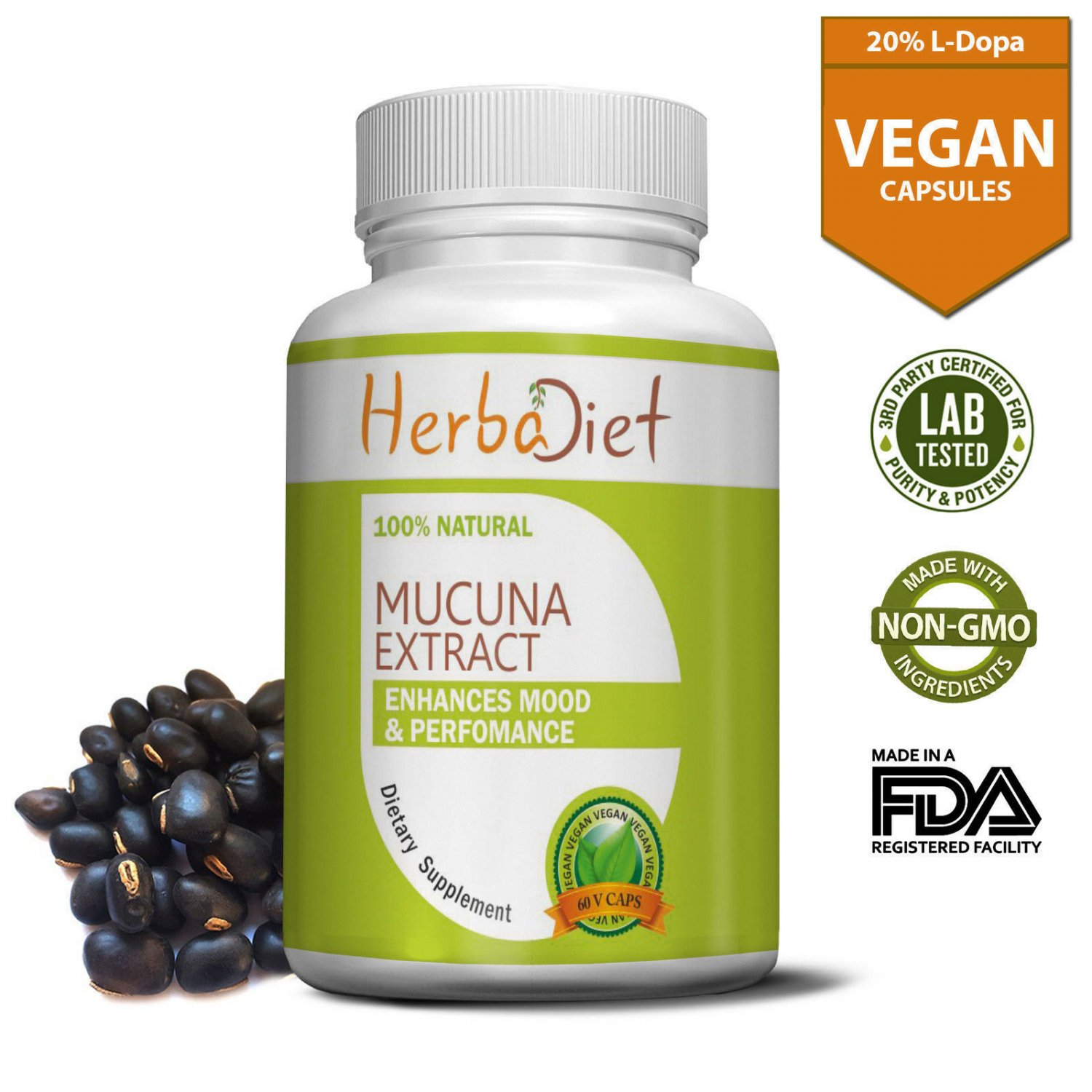 Mucuna Pruriens Max 20% L-Dopa Extract 500mg Capsules Velvet Bean 5 Month Supply