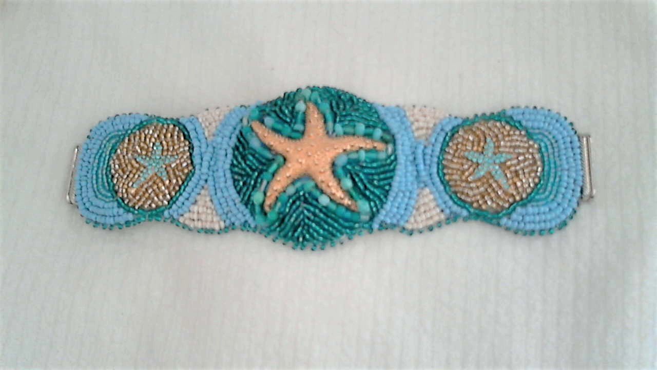 Golden Turquoise Starfish Bead Embroidery Bracelet