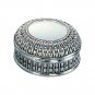 SILVERPLATED ROUND BOX WITH BEADED ANTIQUE DESIGN, 4.5" DIAMETER