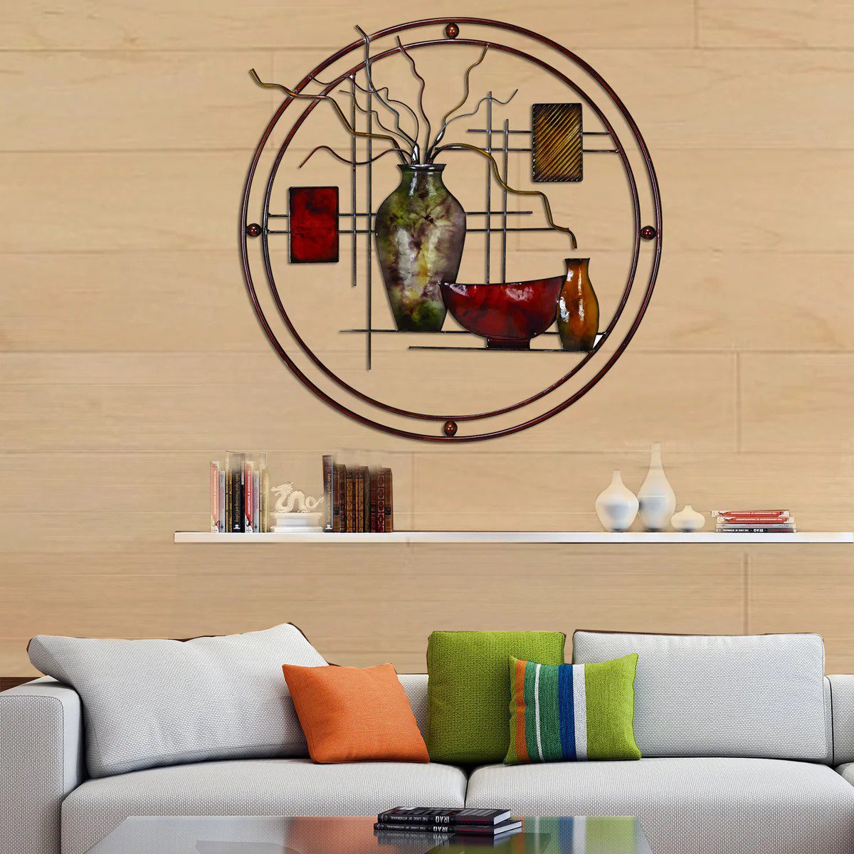 22 Inch Round Metal Wall Decor With Vase, Multicolor - BM07986