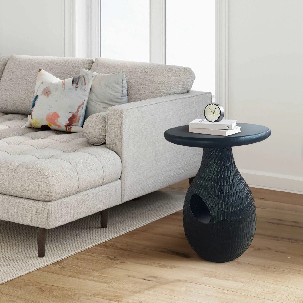 14 Inch Side End Table, Artisan Handcrafted Mango Wood, Embossed Teardrop Shaped Base - UPT-299121