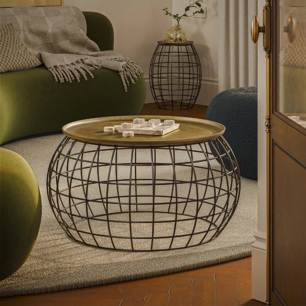 2 Piece Coffee Table and End table Set, Round Antique Brass Tray Top, Curved Cage Design