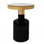 20" Round Side End Table, Gold Banded White Marble Top, Black Enamel Coated Iron Pedestal Base
