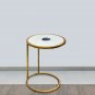 20" Round End Table, White Marble Top with Blue Agate Stone Inlay, Gold Foil Finish Iron Frame