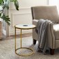 20" Round End Table, White Marble Top with Blue Agate Stone Inlay, Gold Foil Finish Iron Frame