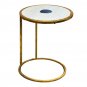 20" Round End Table, White Marble Top with Blue Agate Stone Inlay, Gold Foil Finish Iron Frame