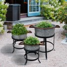 21, 18, and 16 Inch 3 Piece Round Tub Metal Planter Set with Stand in Galvanized Gray and Black Iron