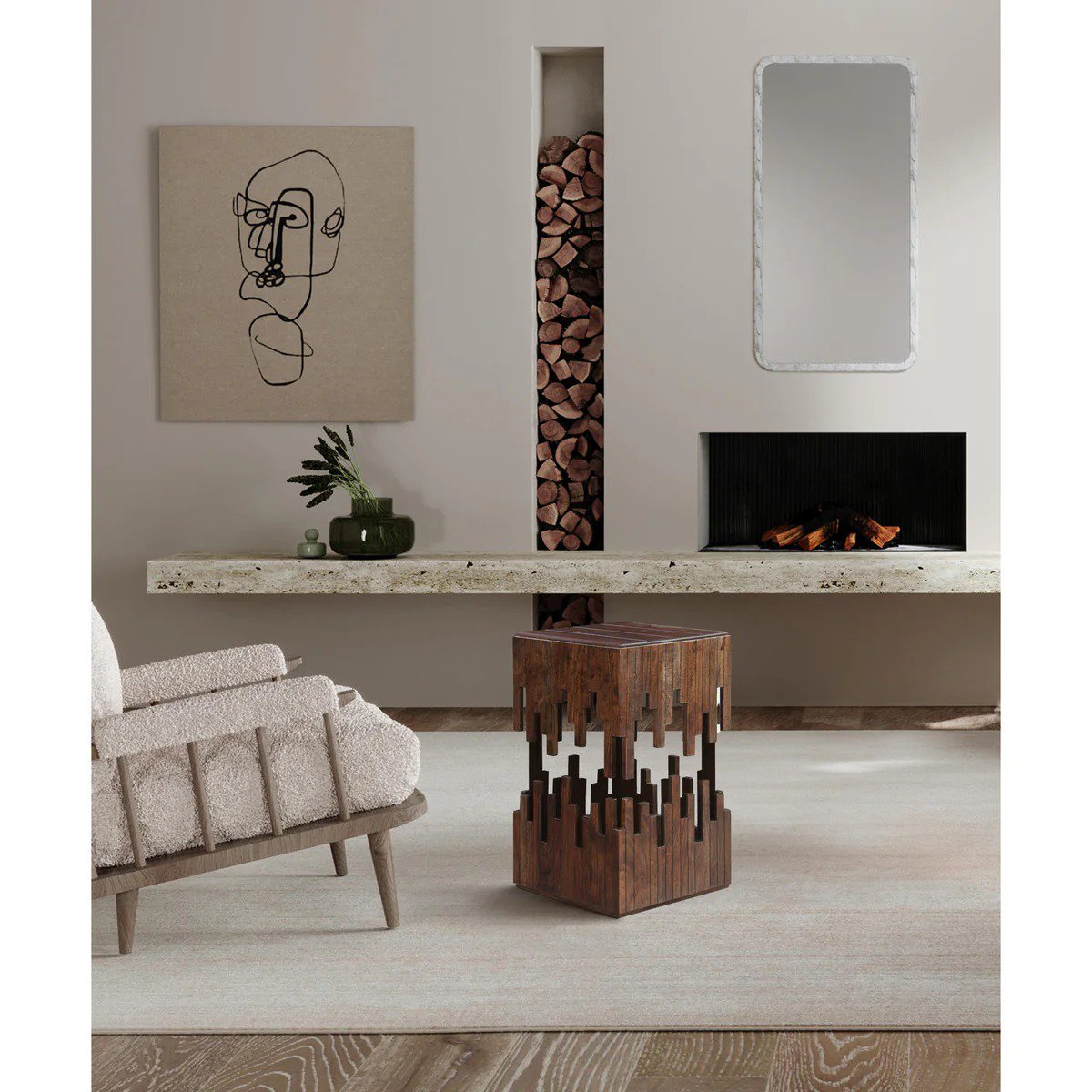 24" Side End Table, Brown Acacia Wood, Slatted Square Top, Handcrafted Silhouette, Black Iron