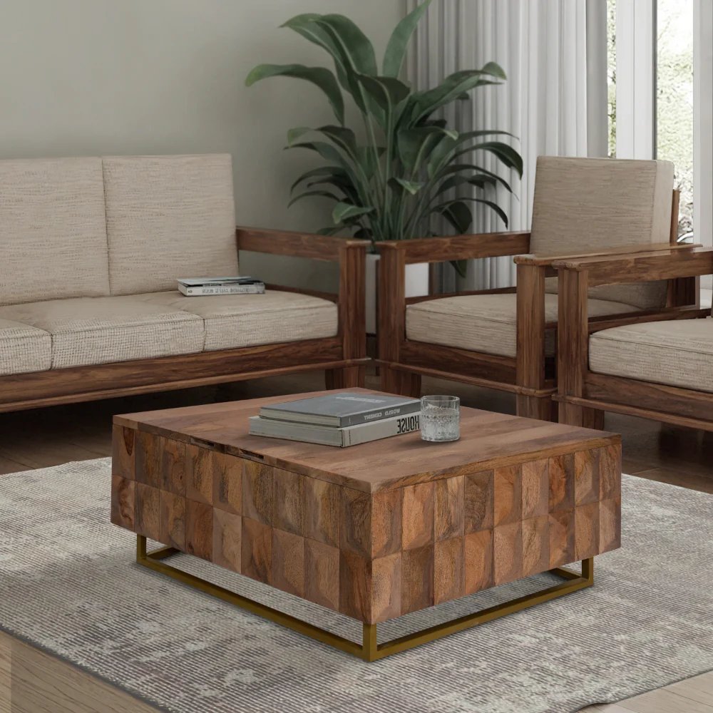33 Inch Lift Top Storage Trunk Coffee Table, Square, Mango Wood, Natural Brown