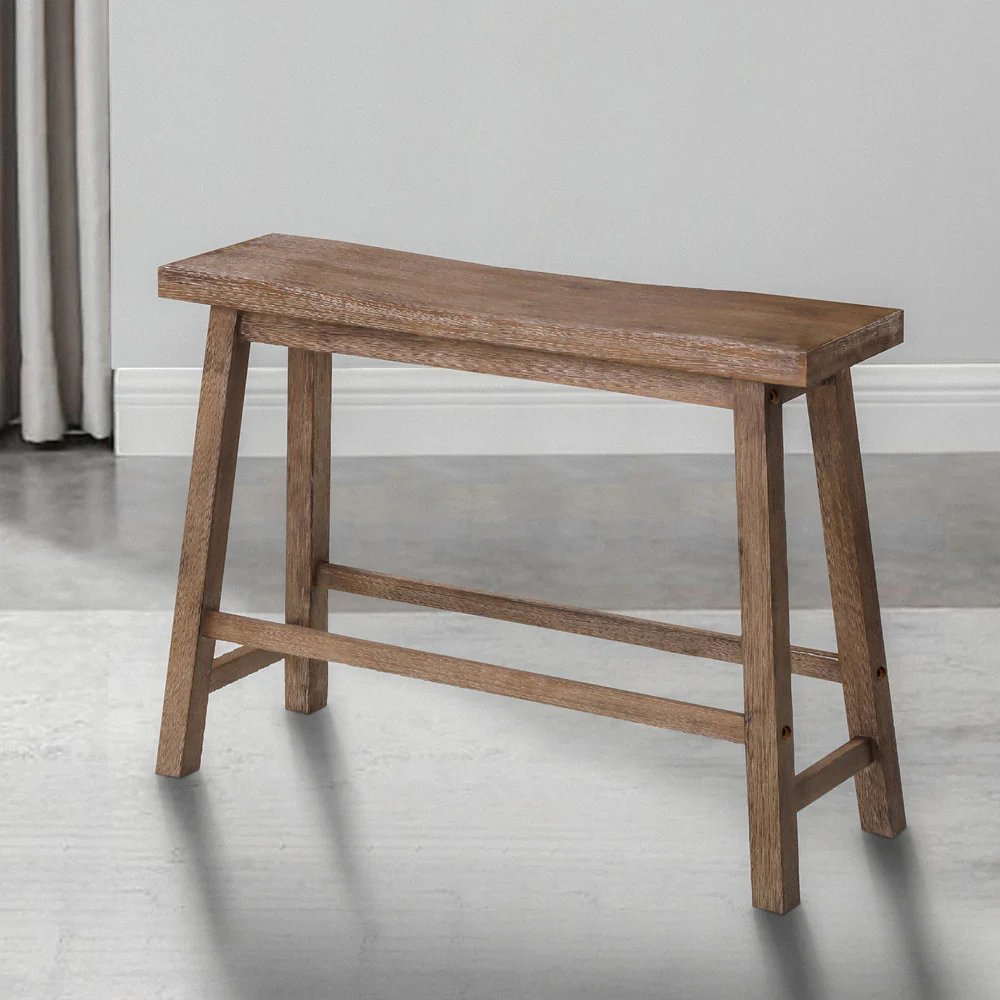 33 Inch Saddle Seat Bench with Angled Frame, Sandblasted Antique Brown Acacia Wood