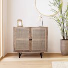 35 Inch Handcrafted Accent Cabinet with 2 Mesh Rattan Doors, Black Iron Legs, Mango Wood Frame