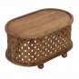 36 Inch Handcrafted Oval Coffee Table, Intricate Cutout Design, Antique Brown