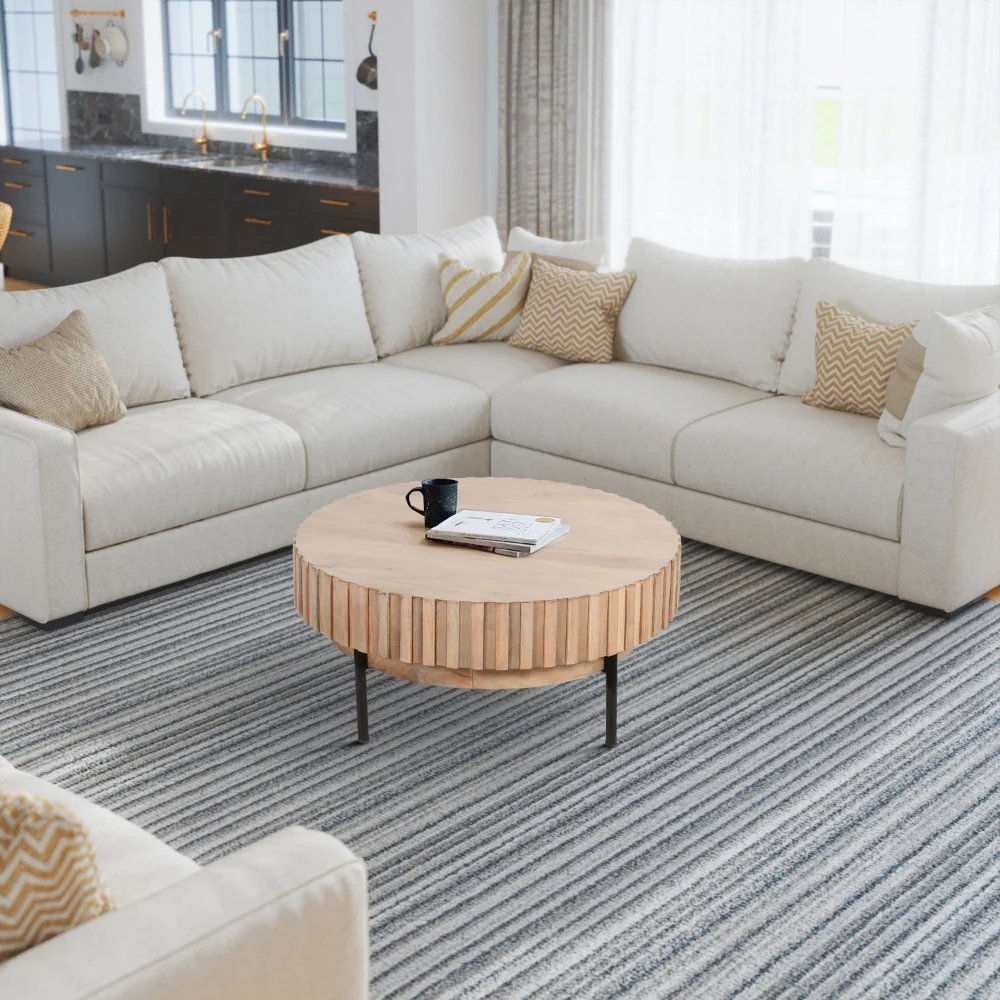 36 Inch Modern Handcrafted Round Coffee Table, Oak Wood Top with Grooved Edges, Black Iron Legs