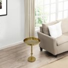 Ara 22 Inch Side End Table, Vintage Sleek Pillar Base, Round Tray Top, Oxidized Antique Brass