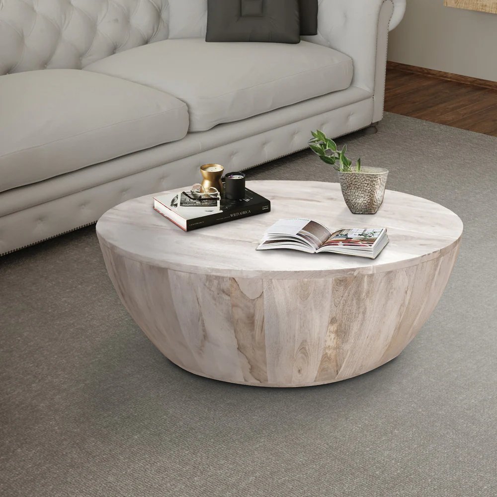 Arthur 35.5 Inch Round Mango Wood Coffee Table, Subtle Grains, Distressed White