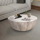 Arthur 35.5 Inch Round Mango Wood Coffee Table, Subtle Grains, Distressed White