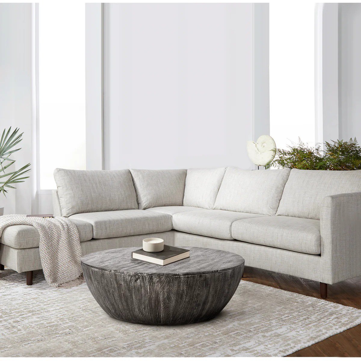 Arthur 36 Inch Farmhouse Style Mango Wood Coffee Table, Round Drum Shape, Sandblasted Black