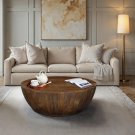 Arthur Coffee Table | 35.5" Round Top | Drum Shaped Sandblasted Walnut Brown Mango Wood