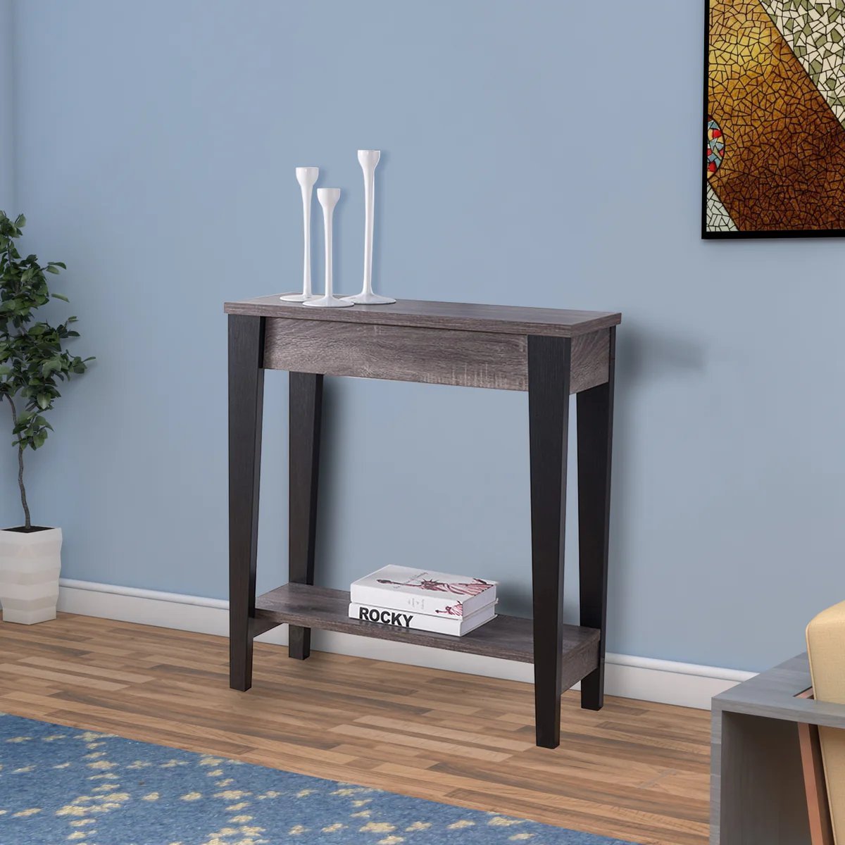 Wooden Console Table With Bottom Shelf, Black And Gray