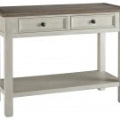 Sofa Table With Plank Style Top and 2 Gliding Drawers, Brown and White