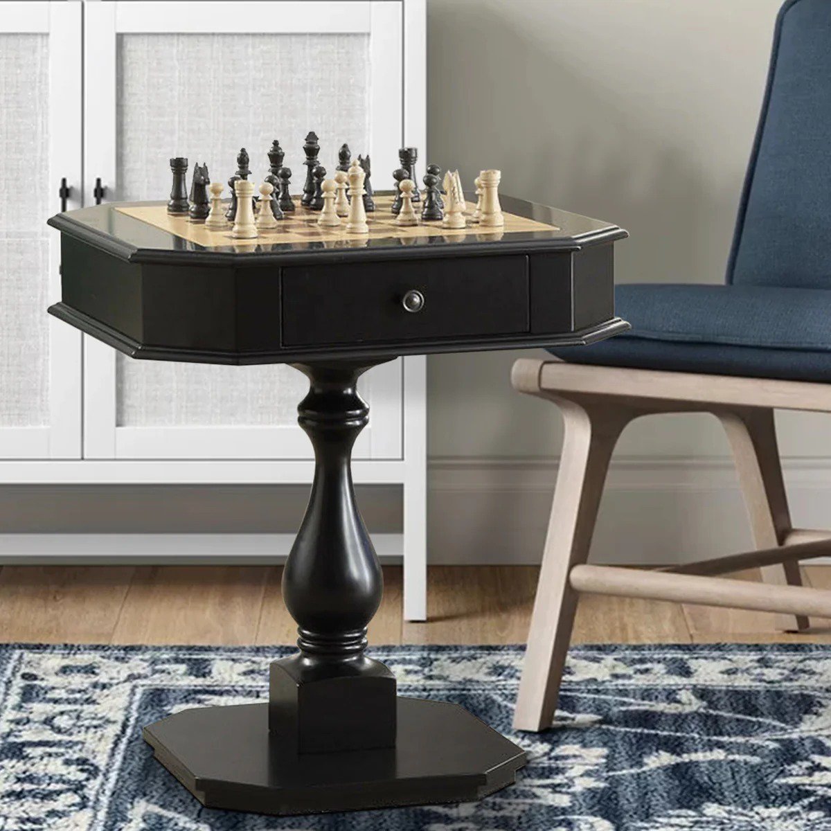 31 Inch Chess Game Table With Clipped Corners, Brown