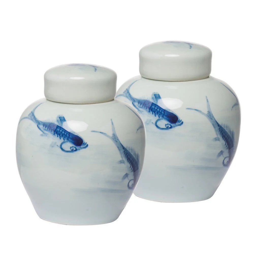 8 Inch Lidded Ginger Jar, Painted Koi Fish, White Blue Porcelain, Set of 2