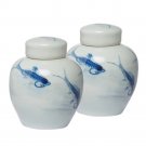 8 Inch Lidded Ginger Jar, Painted Koi Fish, White Blue Porcelain, Set of 2