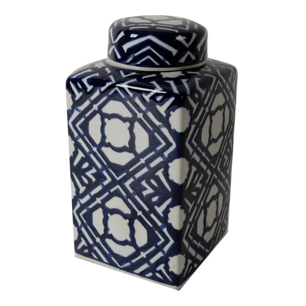 10 Inch Lidded Jar, Porcelain Construction, Deep Blue Graphic Trellis - BM285534