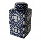 10 Inch Lidded Jar, Porcelain Construction, Deep Blue Graphic Trellis - BM285534