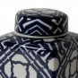 10 Inch Lidded Jar, Porcelain Construction, Deep Blue Graphic Trellis - BM285534